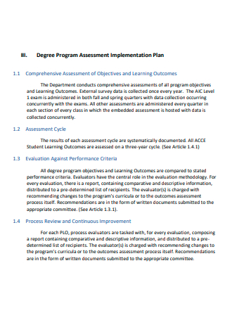 Degree Program Assessment Implementation Plan