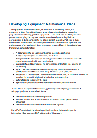 Developing Equipment Maintenance Plan