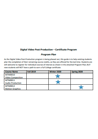 Digital Video Post Production Program Plan