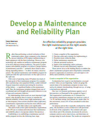 Equipment Maintenance and Reliability Plan