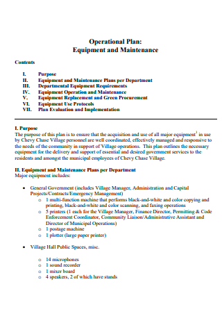 Equipment and Maintenance Operational Plan