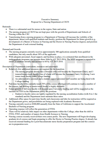 Executive Summary Proposal For Nursing Department