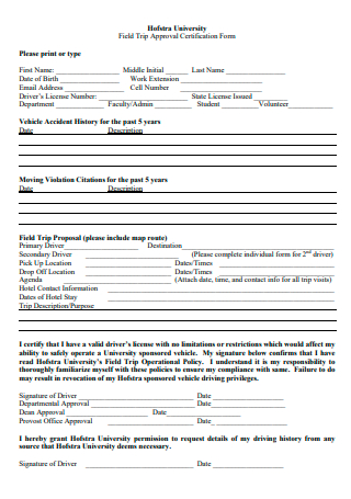 Field Trip Proposal Approval Certification Form