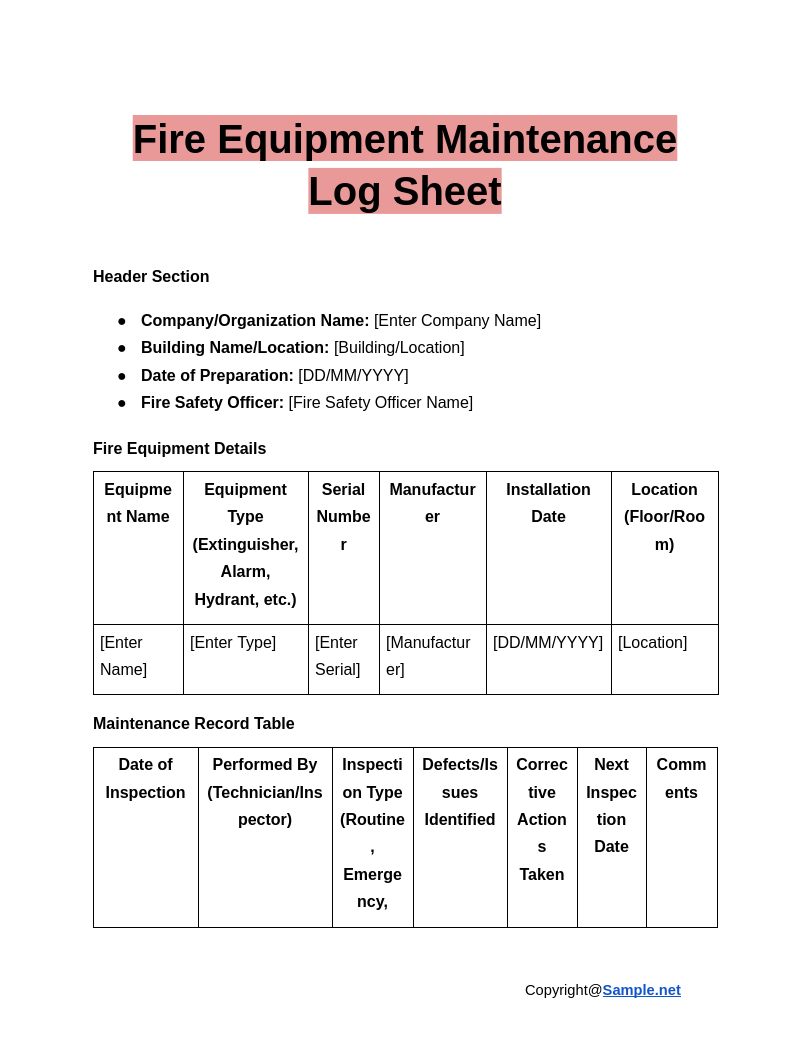 Fire Equipment Maintenance Log Sheet Google Docs 12 12 2024 10 57 AM