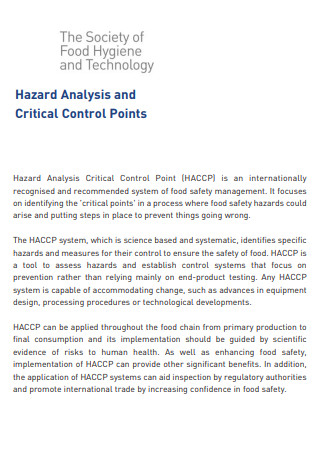 Food Hygiene And Technology HACCP Control Plan