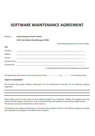 Formal Software Maintenance Agreement