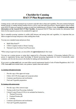 HACCP Control Plan Checklist for Canning