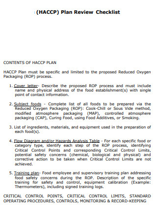 HACCP Control Plan Review Checklist