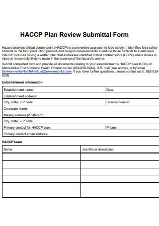 HACCP Control Plan Review Submittal Form
