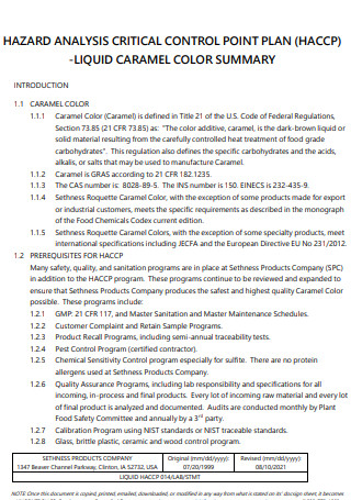 HACCP Control Plan for Liquid Caramel