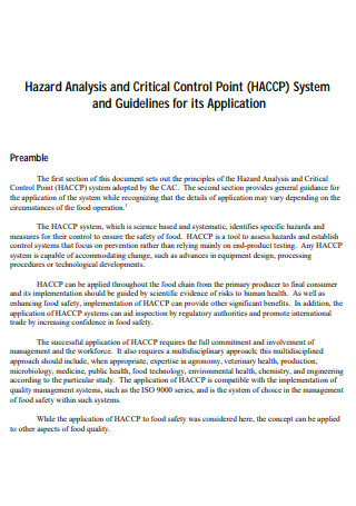 Haccp Control System Plan