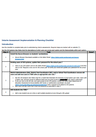 Interim Assessment Implementation Planning and Checklist