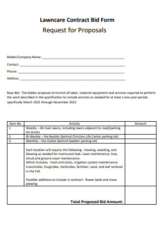 Lawncare Contract Bid Proposal Form