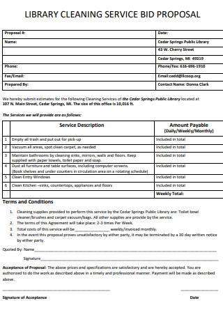 Library Cleaning Service Bid Proposal Form