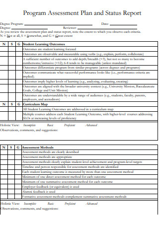 Program Assessment Plan and Status Report