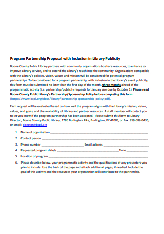 Program Partnership Proposal with Inclusion in Library