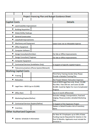 Project Financing Plan and Budget Sheet