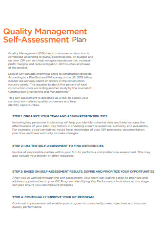 Quality Management Self Assessment Plan