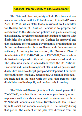 Quality of Life Development National Plan