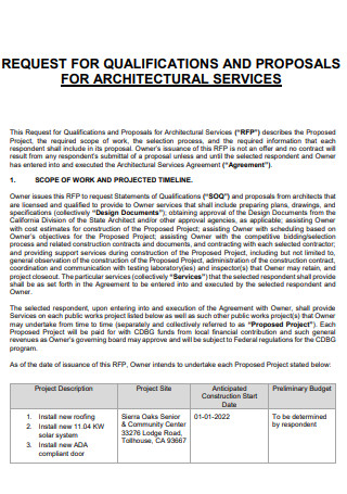 Request For Qualifications And Proposal For Architectural Services