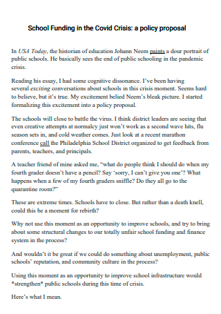 School Funding in Covid Crises Policy Proposal