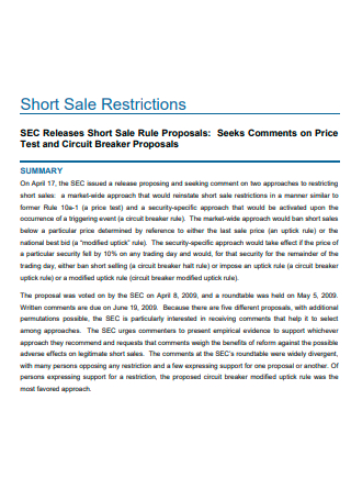 Short Sale Restrictions Proposal