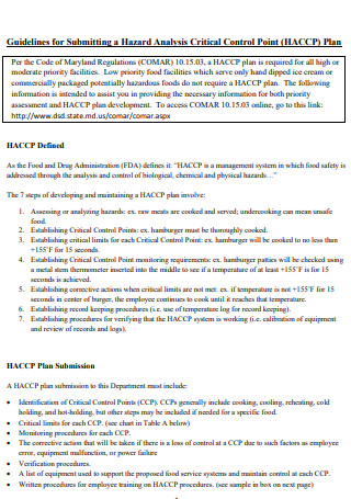 Standard HACCP Control Plan