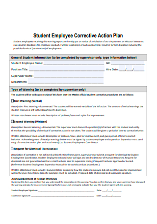 Student Employee Corrective Action Plan