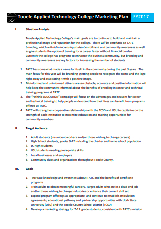 Technology College Marketing Plan