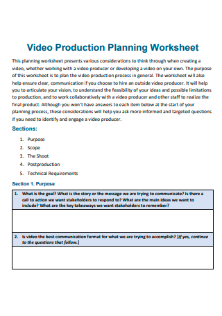 Video Production Planning Worksheet