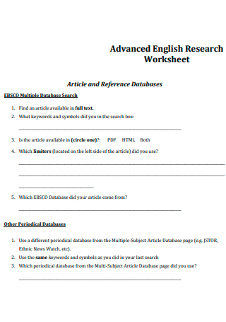 Advanced English Research Worksheet