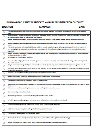 Annual Building Pre Inspection Checklist