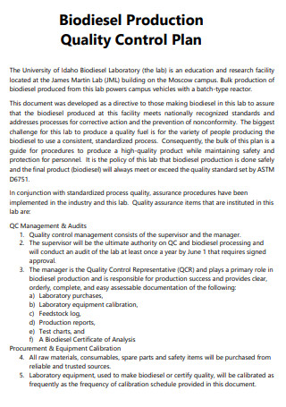 Biodiesel Production Quality Control Plan