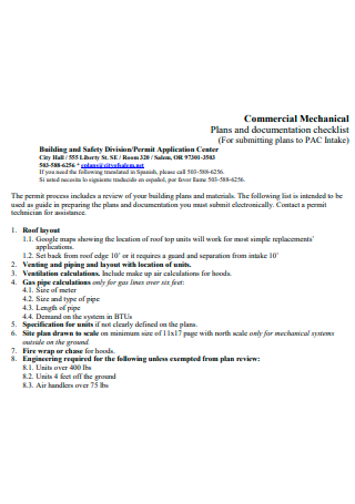 Commercial Mechanical Documentation Checklist Plan