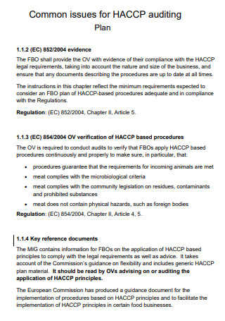 Common Issues for HACCP Audit Plan