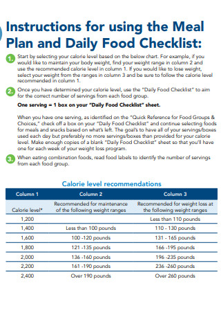 Daily Meal Plan Food Checklist