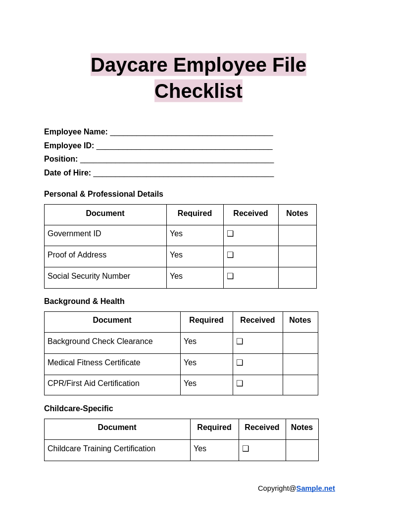 Daycare Employee File Checklist Google Docs 01 06 2025 11 01 AM