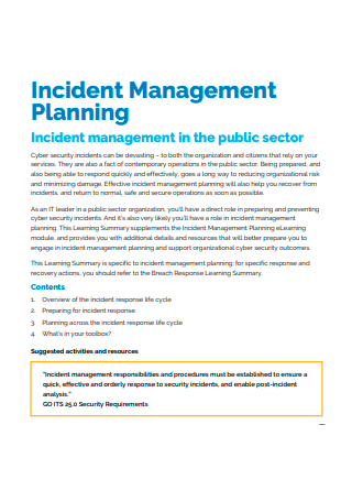 Draft Incident Management Planning