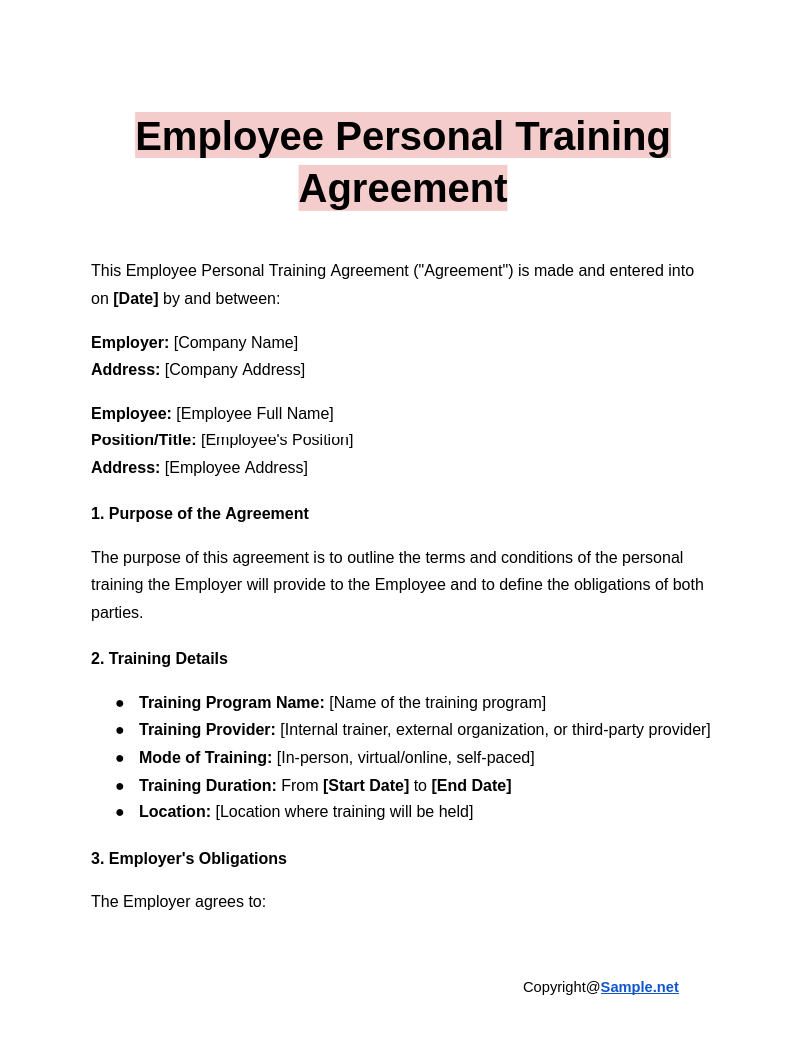 Employee Personal Training Agreement Google Docs 12 17 2024 10 53 AM