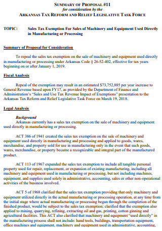 Equipment Sales Tax Summary Proposal