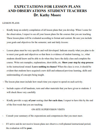 Expectations of Lesson Plan for Student 