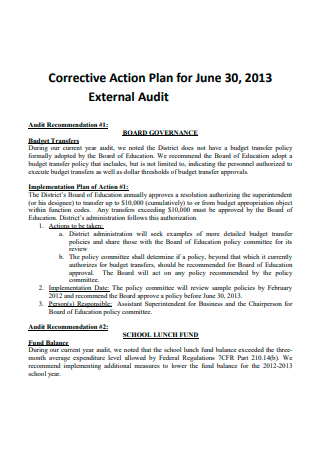 External Audit Corrective Action Plan