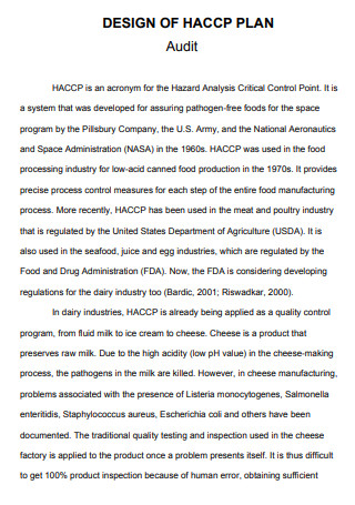 HACCP Audit Design Plan