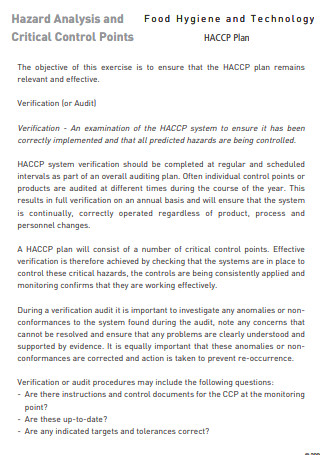 HACCP Food Hygiene Audit Plan
