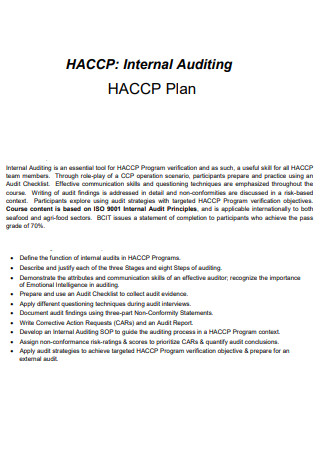 HACCP Internal Audit Plan