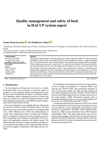 HACCP Quality Management Food Plan
