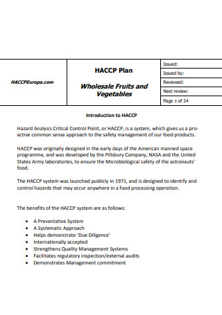 HACCP Safety Management Plan