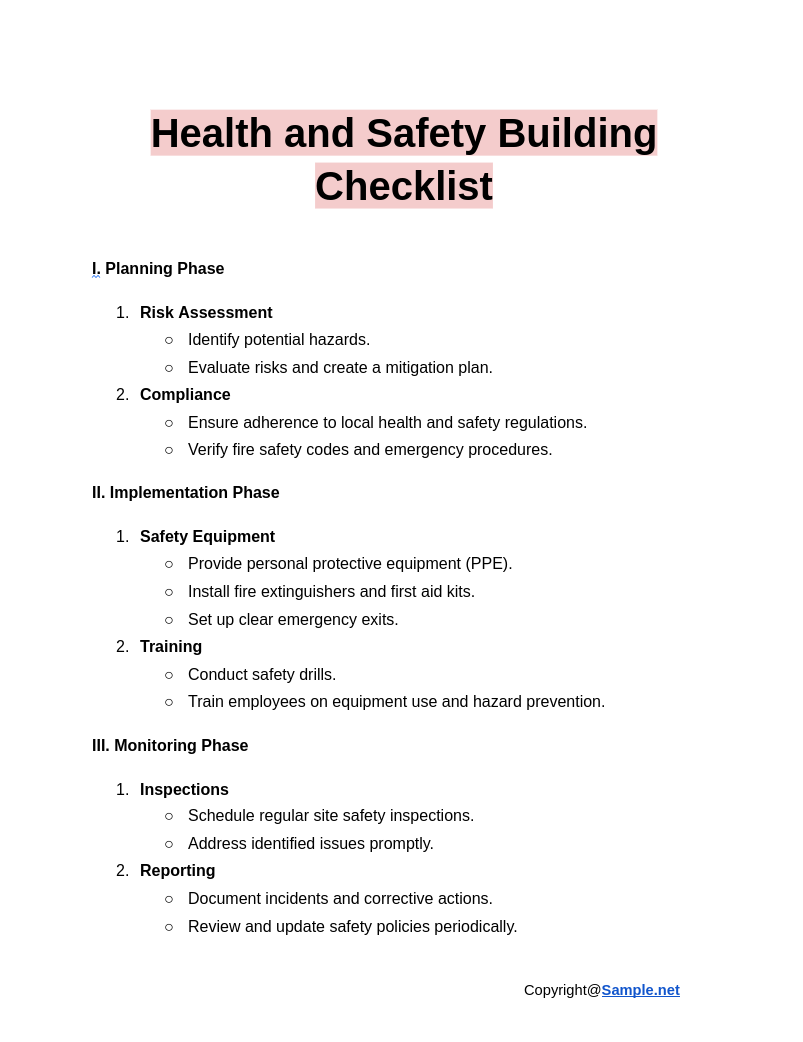 Health and Safety Building Checklist Google Docs 01 06 2025 10 49 AM