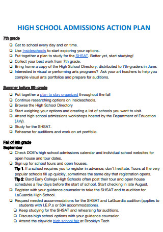 High School Admission Action Plan