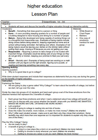 Higher Education Lesson plan for College
